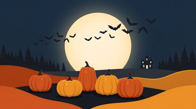 A spooky halloween background featuring a large full moon with flying bats and orange pumpkins in a dark field