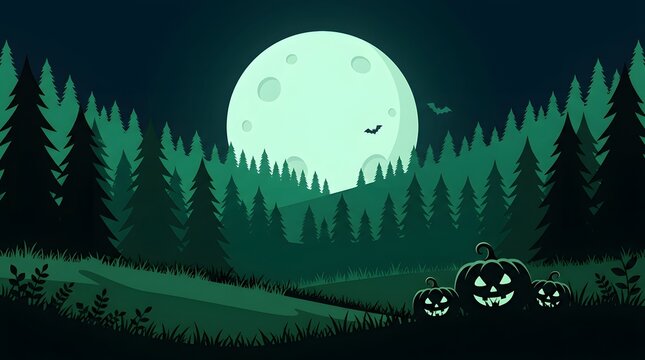A spooky pixel art landscape featuring glowing jack o lanterns in a dark forest under a full moon for halloween