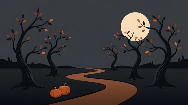 A spooky halloween background featuring a winding path through a dark forest with pumpkins under a full moon night sky