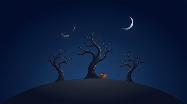 A spooky halloween night landscape featuring bare trees on a dark hill under a glowing crescent moon in sky