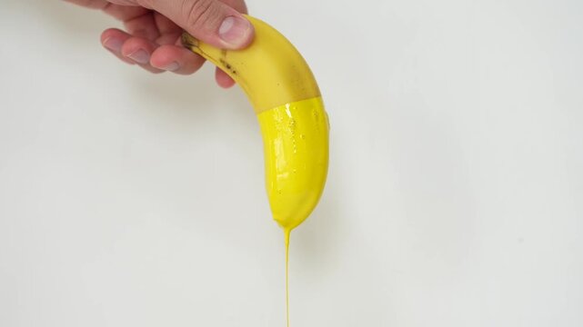 Hand lifts a banana covered in yellow paint as liquid paint drips down on a light background. Creative minimal food art concept with copy space.