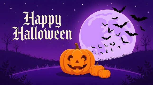 A festive happy halloween background featuring a smiling jack o lantern pumpkin under a glowing full moon with flying bats