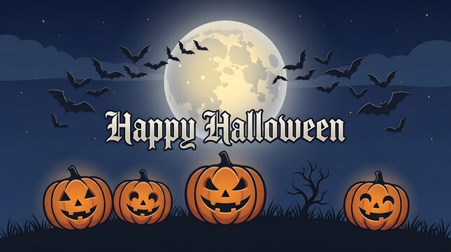 Festive happy halloween background featuring carved jack o lanterns under a glowing full moon with flying bats at night