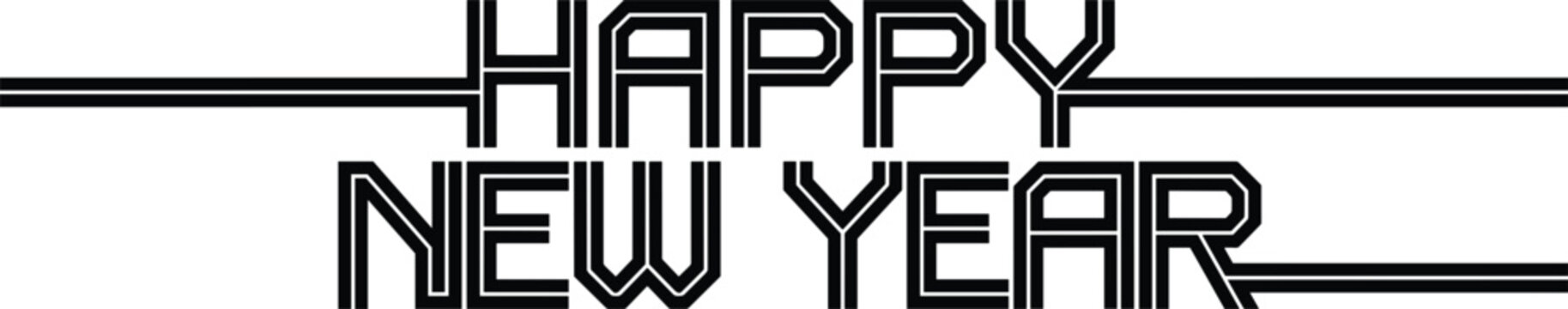 Happy New Year Linear Retro Text Vector Graphic with Continuous Multi Line Font for Contemporary Holiday Party Designs