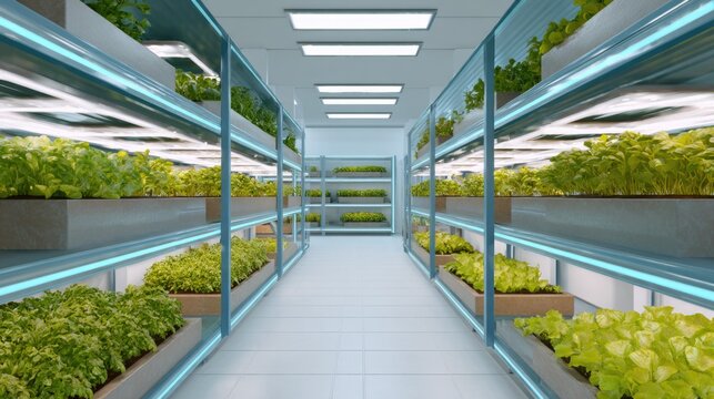 Indoor Hydroponic Farming Setup with Fresh Green Plants in Rows
