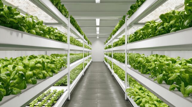 Modern Indoor Hydroponic Farm with Lush Green Vegetation Pathway