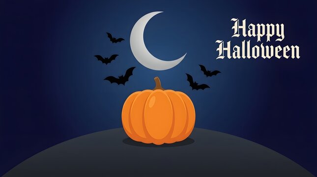 A festive happy halloween background featuring a glowing orange pumpkin under a crescent moon with flying black bats