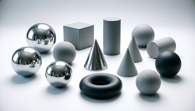 3D Geometric Shapes Collection - Metallic and Matte Primitives Composition
