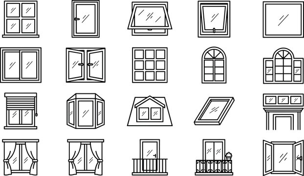 Window vector icon set featuring various architecture frame styles glass panels curtains blinds balcony doors and linear house design elements
