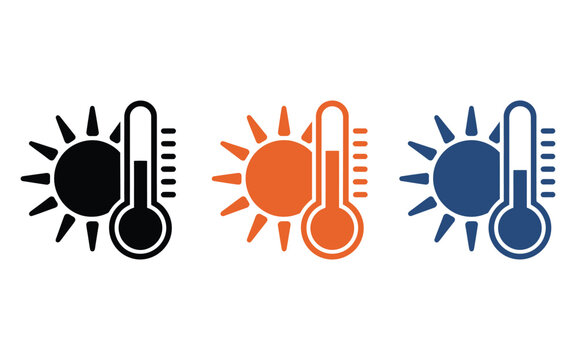 Sun and Thermometer Icons: Sun and thermometer icons featuring hot weather symbols and temperature measurement elements for weather, climate, forecast, and summer designs.