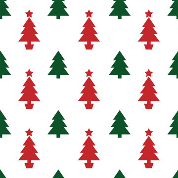 Christmas tree seamless pattern with red and green fir trees on white background. Minimalist winter holiday flat illustration for seasonal design.