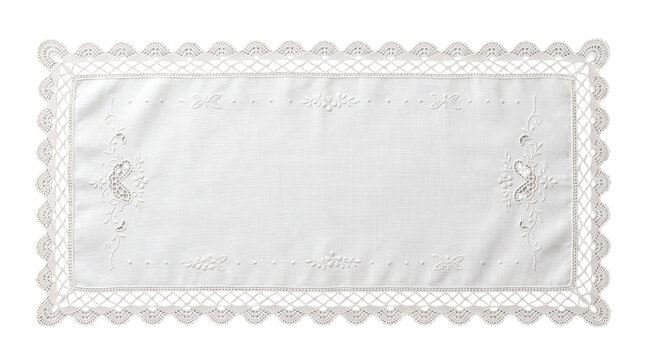 White Linen Table Runner with Crochet Lace Border and Cutwork Embroidery on a transparent background