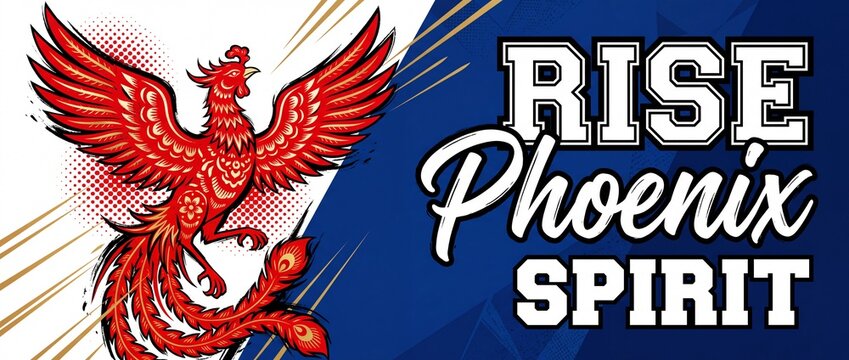 Red phoenix bird mascot emblem flying with Rise Phoenix Spirit text graphic for sports team, school athletic banner, power concept, inspirational typography poster design, mythical firebird logo