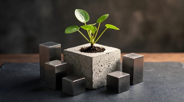Pilea Chinese money plant growing in a square cement pot arranged with dark geometric blocks around it.