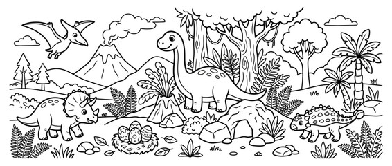 Cute Cartoon Dinosaurs Roaming Prehistoric Landscape © endok