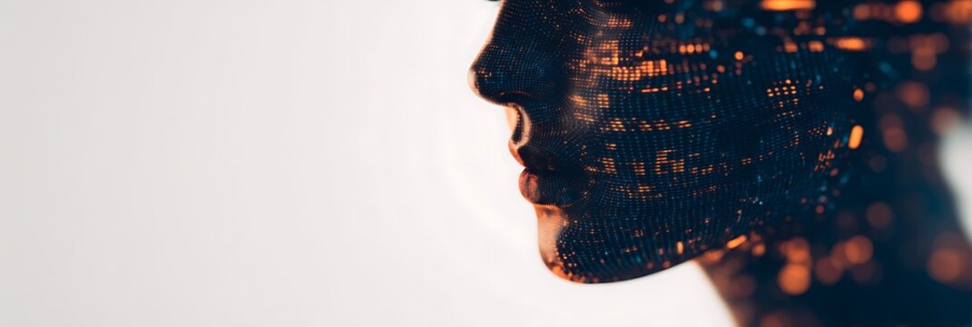 A digital abstract profile of a human face composed of glowing dots and lines, symbolizing technology and data integration.