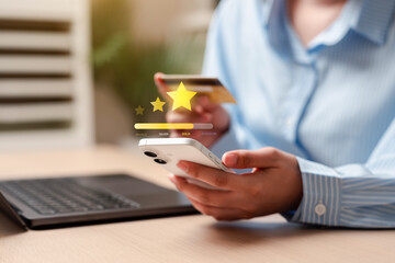Customer loyalty program membership reward and premium status upgrade. Woman hands holding...