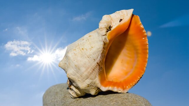 closeup marine shell on a stone in light of sparkle sun time lapse scene