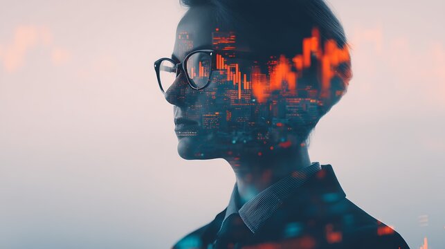 A double exposure image of a person wearing glasses overlaid with a glowing cityscape and red digital financial graphs.