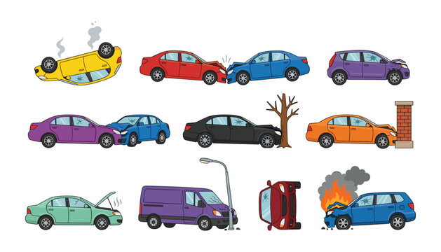 Car Accident and Traffic Collision Vector Icon Set Featuring Rolled Over Smoking Vehicles Head On Crashes and Fire Emergencies for Auto Insurance Claims Layouts