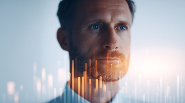 A thoughtful man gazes ahead, superimposed with glowing financial bar charts symbolizing analysis and futuristic technology.