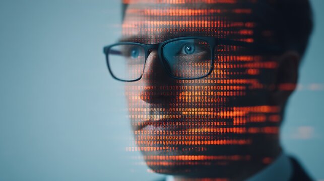 A man wearing glasses is overlaid with orange and red digital code, symbolizing data analysis and technology integration.
