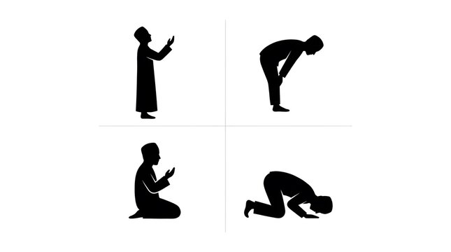 Black silhouettes of a Muslim man performing traditional prayer postures isolated on a white background