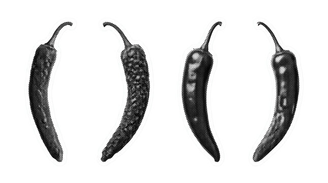 long pepper retro halftone set , clean white border outline PNG