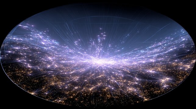 A breathtaking visualization of the neutrino sky illustrating the distribution of cosmic particles, creating a mesmerizing burst of light amidst the vastness of space, showcasing vibrant colors and in