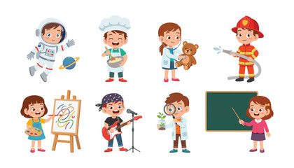 Fototapeta premium Cute Cartoon Children in Various Profession Uniforms Vector Set for Kids Career Day Education Kindergarten Learning Posters and Future Occupation Graphic Designs