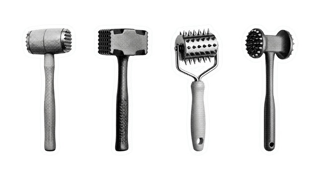 meat tenderizer retro halftone set , clean white border outline PNG