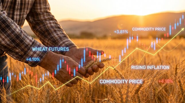 Farmer holding wheat in field with rising commodity prices