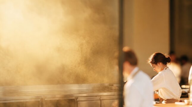 Panoramic Side View of Professional Female Chef Concentrating on Food Preparation in Sunlit Commercial Kitchen with Golden Steam and Warm Lighting