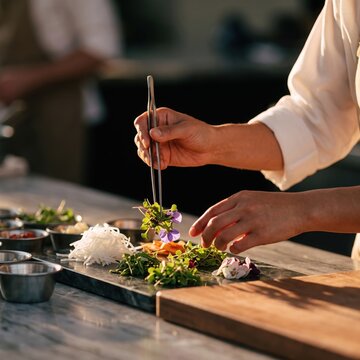 Close Up of Professional Chef Hands Using Precision Tweezers to Arrange Microgreens and Edible Flowers for Fine Dining Food Presentation