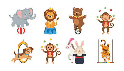 Obraz premium Cute Cartoon Circus Animals Vector Character Set Performing Fun Stunts and Juggling for Carnival Birthday Party Themes Nursery Decor and Kids Amusement Illustration Designs