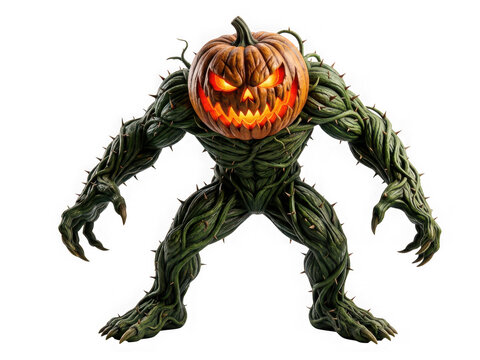 Fearsome monster creature made of thorny vines with a glowing jackolantern head isolated on transparent background