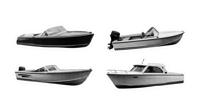 motorboat retro halftone set , clean white border outline PNG