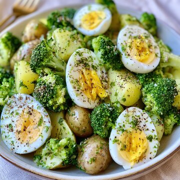 Healthy potato salad with broccoli and hard-boiled egg