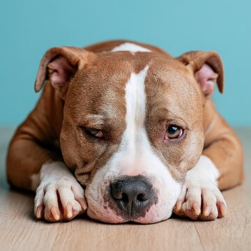 Pitbull dog resting on floor feeling sad or bored