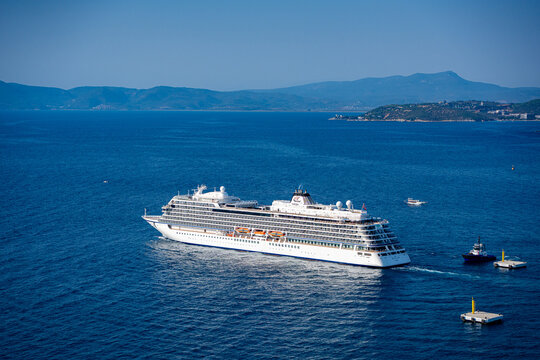 View of Viking Vesta cruise ship sailing near Kusadasi. Kusadasi, Turkiye - August 21, 2026.