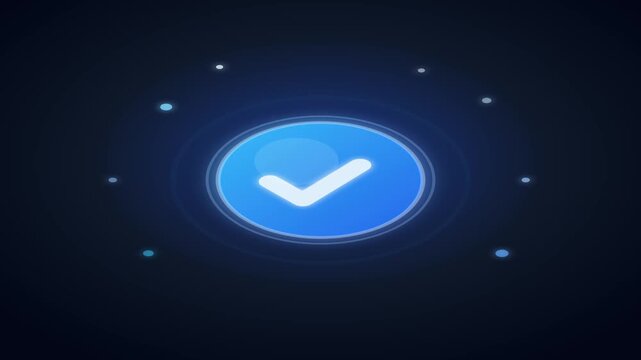 Blue Verification Check Mark Animation with Glowing Success Approval Icon on Dark Technology Background