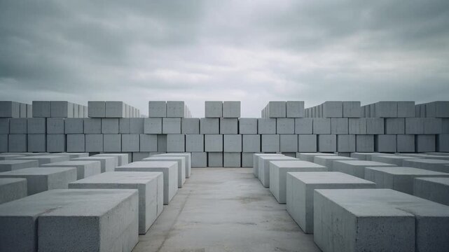 Symmetrical Rows of Large Concrete Blocks at Industrial Construction Yard