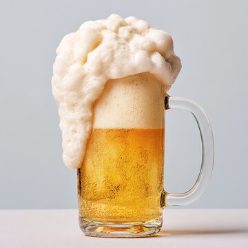 Overflowing beer mug with golden foam