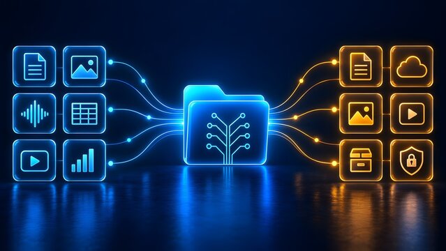 Digital File Migration Concept Showing Data Synchronization Between Network Folders and Multimedia Icons