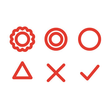 Set of Japanese grading and correction marks in red: hanamaru flower circle, double circle, circle, triangle, cross and check mark