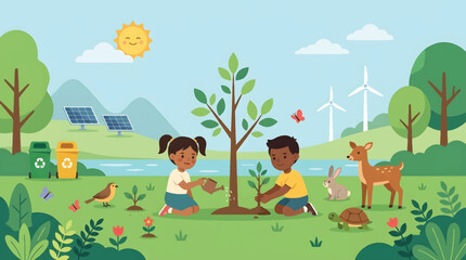 Naklejka premium Children Planting Trees in Eco-Friendly Landscape