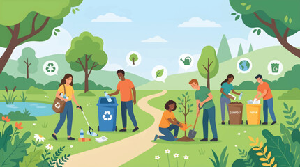 Naklejka premium Community Efforts for Eco-Friendly Cleaning and Planting