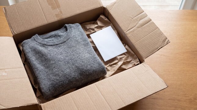 Folded Wool Sweater in Open Cardboard Box with Blank Card