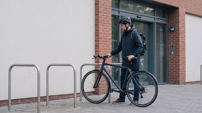 Male Commuter Parking Bicycle at Bike Rack Outside Modern Office Building