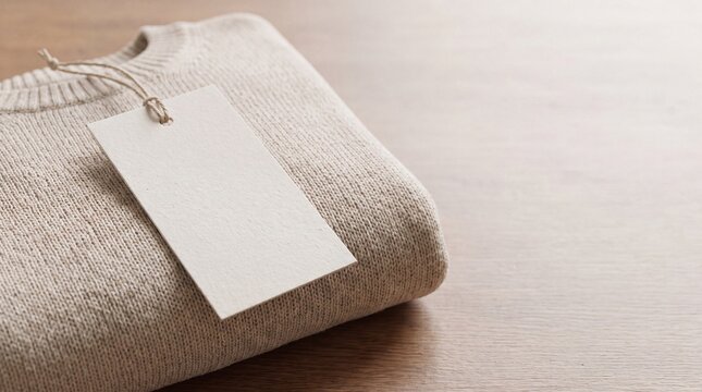 Blank Price Tag Attached to Folded Knitted Sweater on Wooden Table